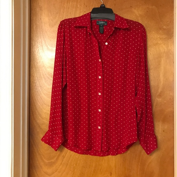 Lauren Ralph Lauren Tops - Lauren Ralph Lauren SILK red with cream polka dot  Sheer button down
